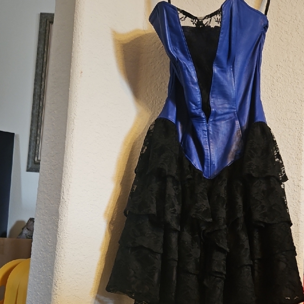 Sexy Leather and Lace Blue and Black Dress